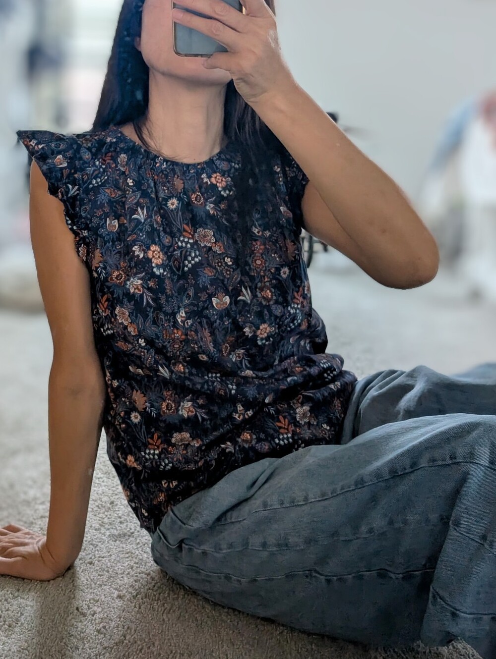 LOFT Navy Floral Ruffle Cap Sleeve Top - Picture 1 of 5